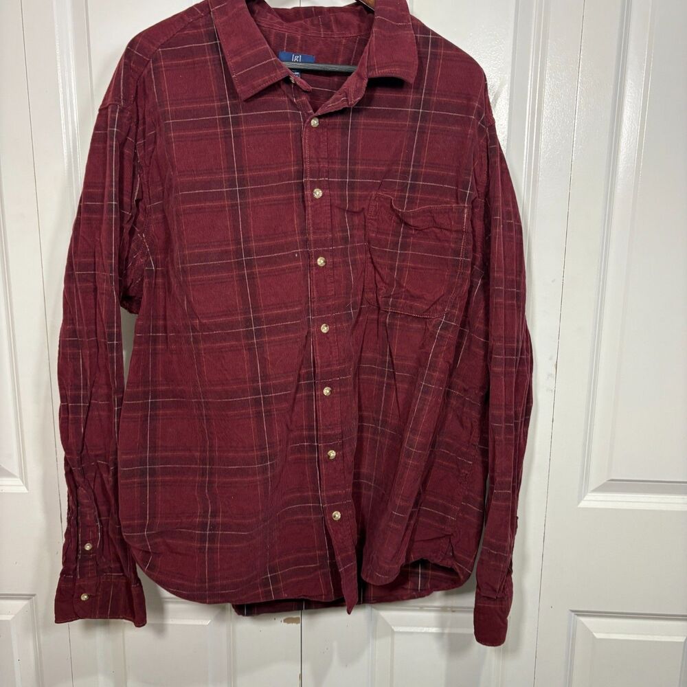 George Men’s 2XL Button-Front Shirt Maroon Plaid Casual Cottagecore Y2K